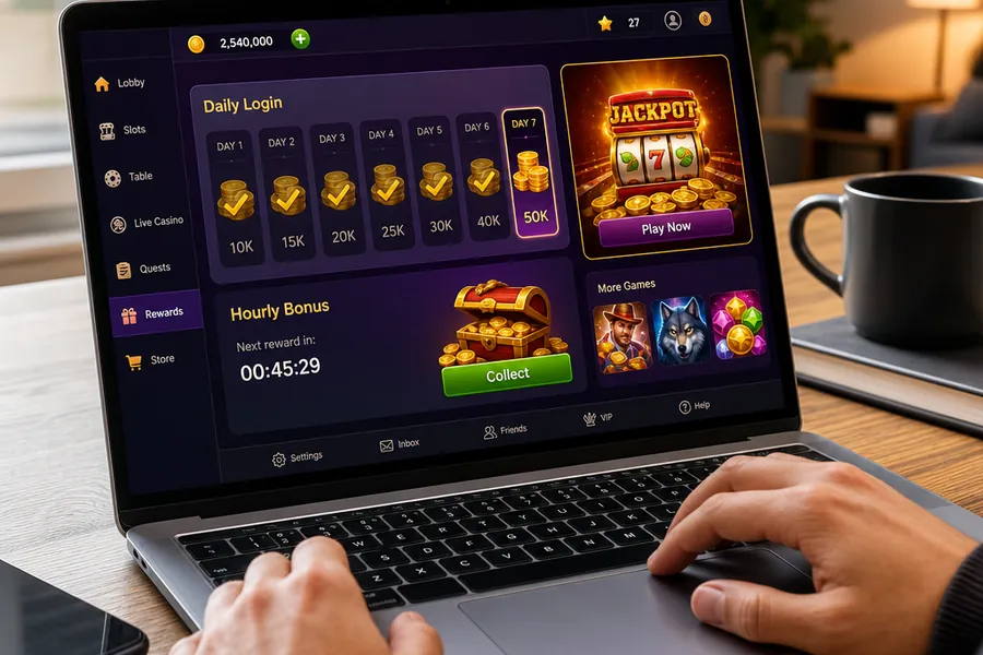 Daily login streak and hourly coin bonuses